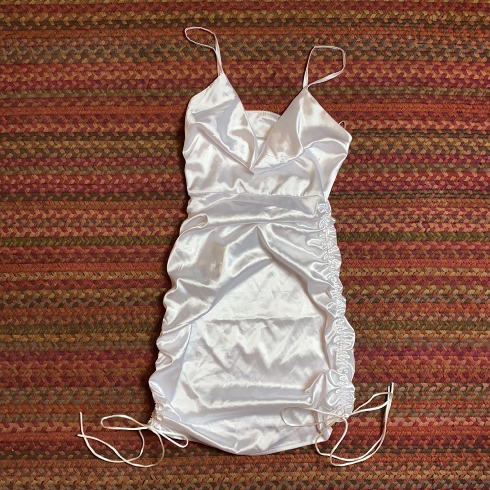67- Satin Ruched Cowl Neck Mini Dress